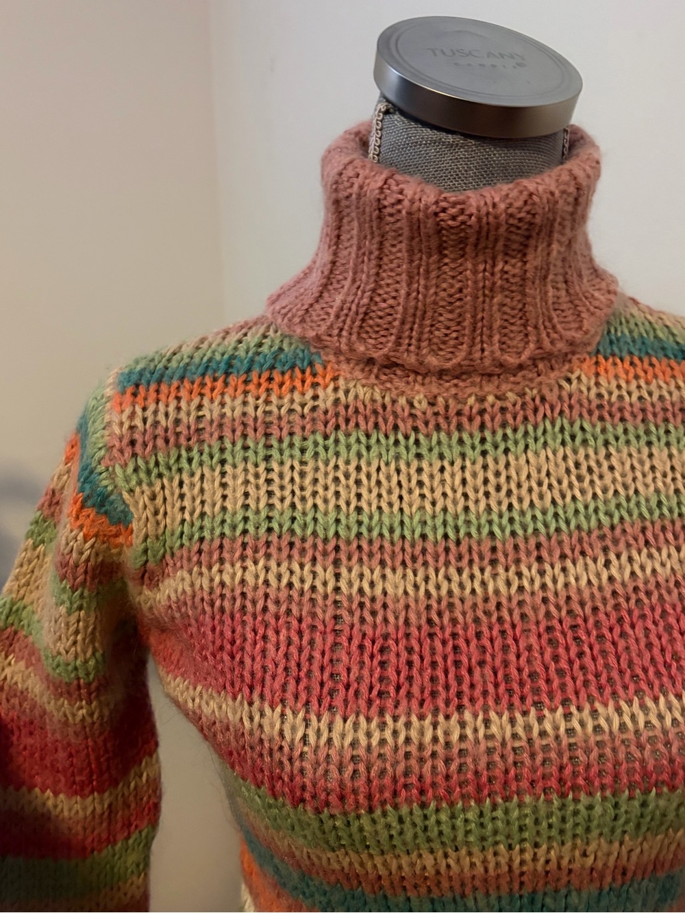 Rainbow Striped Turtleneck Crop Sweater Pastel French Euro Vintage - Picture 2 of 7